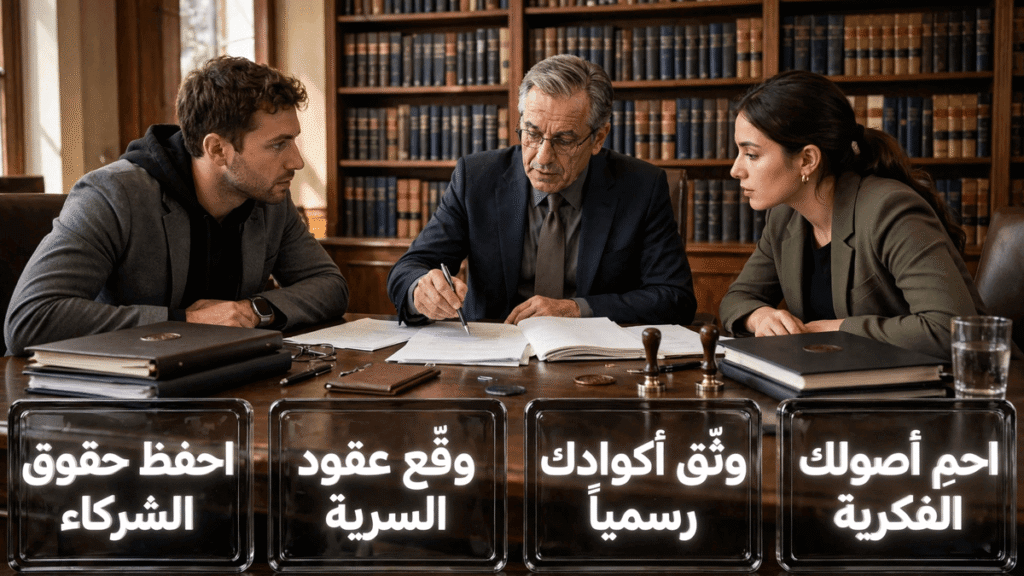 رائد أعمال ومحامٍ يراجعان عقود الملكية الفكرية وتوثيق الأصول لحماية أي شركة ناشئة من المخاطر القانونية.
