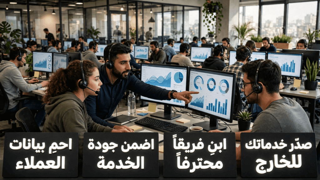 صالة تشغيل لشركة تعهيد تكنولوجي في مصر تقدم خدمات برمجية ودعماً لعملاء بالخارج كنموذج عابر للقارات.