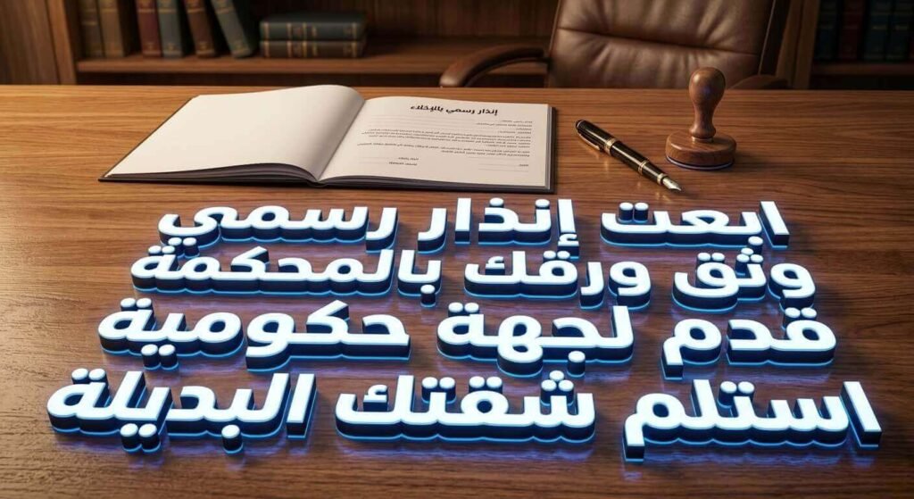 توثيق إنذار رسمي بالإخلاء في المحكمة لحفظ الحقوق أو استلام شقة بديلة في قانون الإيجار القديم.
