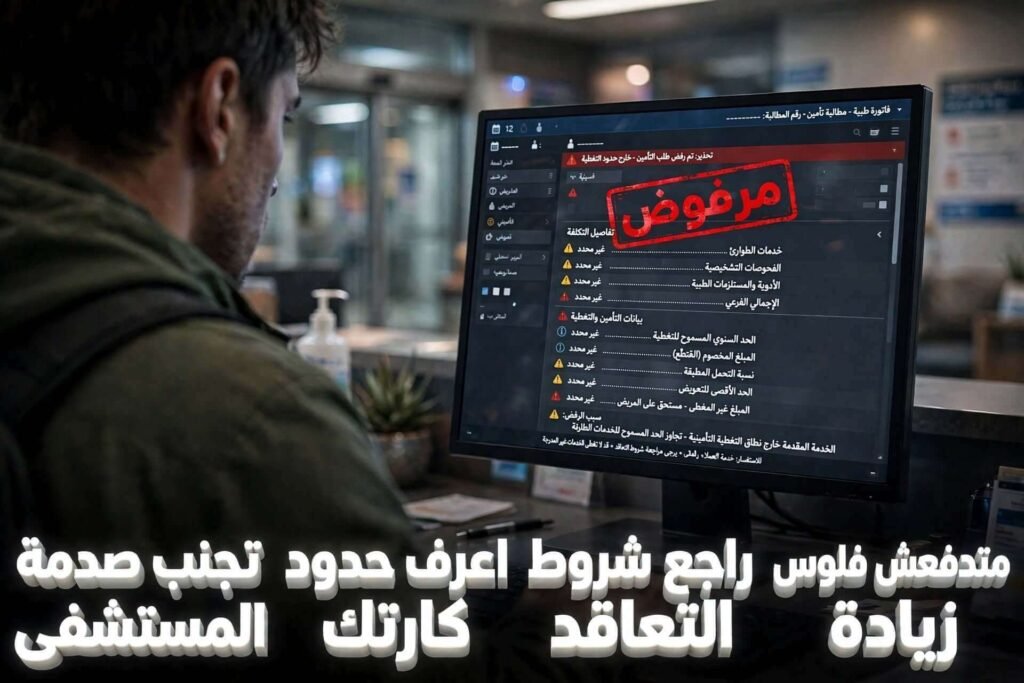 شاشة مستشفى تعرض فاتورة طبية مرفوضة كدراسة حالة لعدم فهم شروط التأمين الصحي الخاص.
