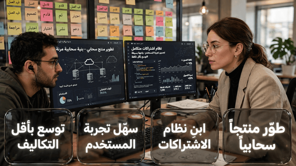 فريق تقني يطور ويختبر نظاماً برمجياً سحابياً لضمان تقديم تجربة مستخدم مرنة ومستمرة.
