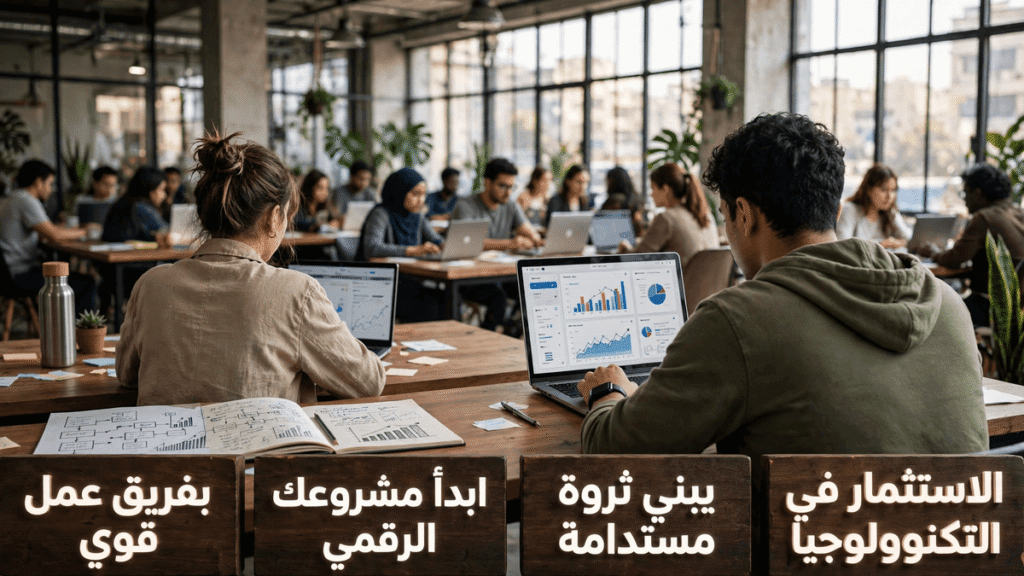 رواد أعمال في مساحة عمل مشتركة يطورون واجهة تطبيق رقمي لمشروع شركة ناشئة تكنولوجية واعدة.
